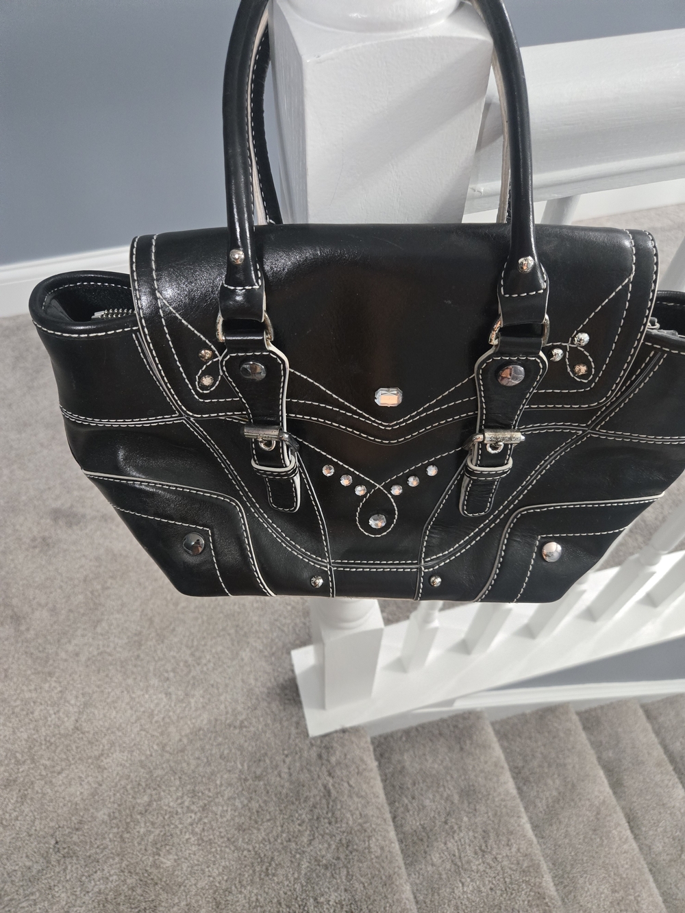 Maxx New York Black Leather Tote with White Stitching and Silver Accents